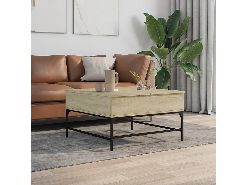 Mesa de centro madera ingeniería metal roble Sonoma 80x80x45 cm