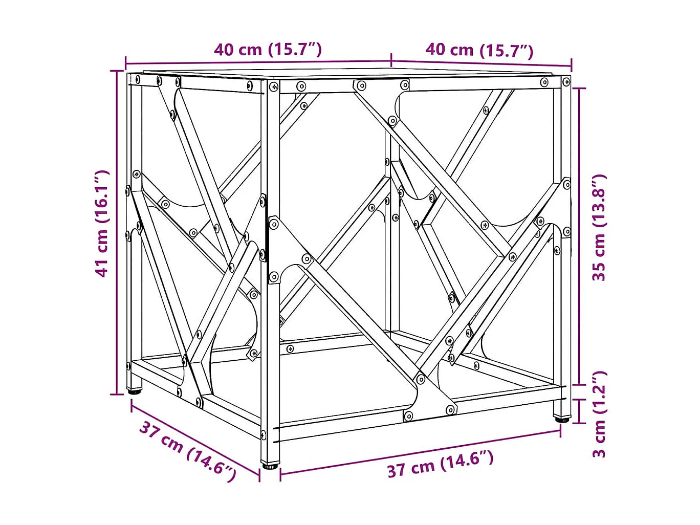 Table basse avec dessus en verre transparent 40x40x41 cm acier