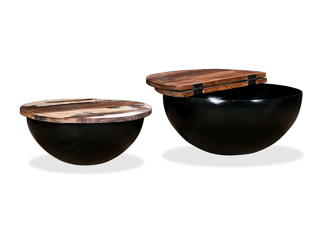 Set de 2 mesas de centro madera reciclada negra forma de bol