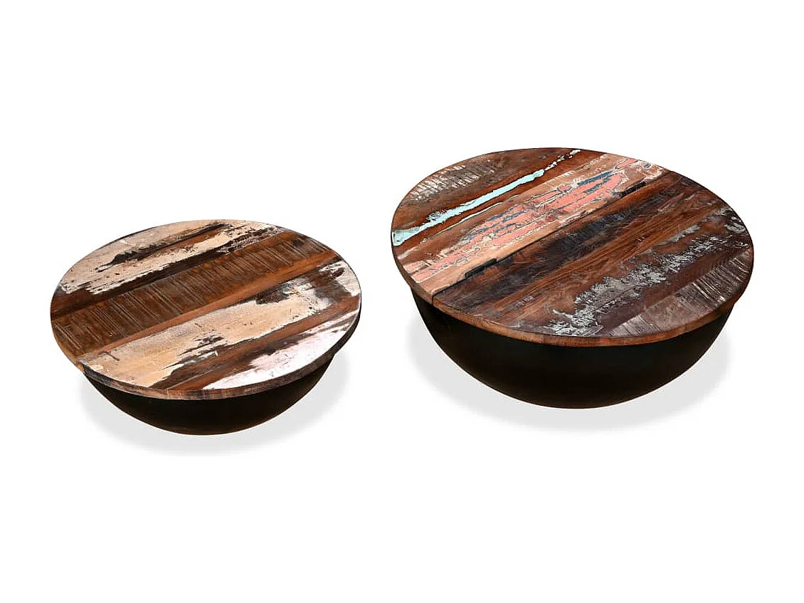 Set de 2 mesas de centro madera reciclada negra forma de bol