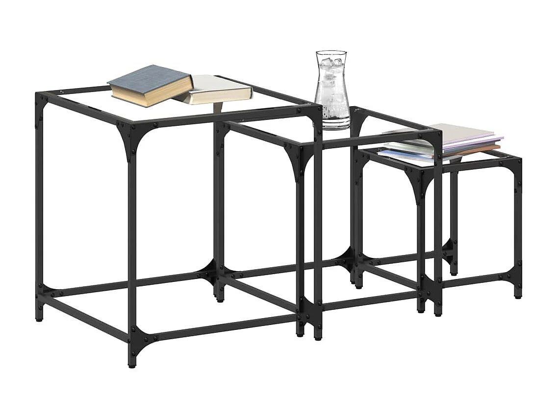 Tables basses gigognes 3 pièces dessus en verre transparent acier