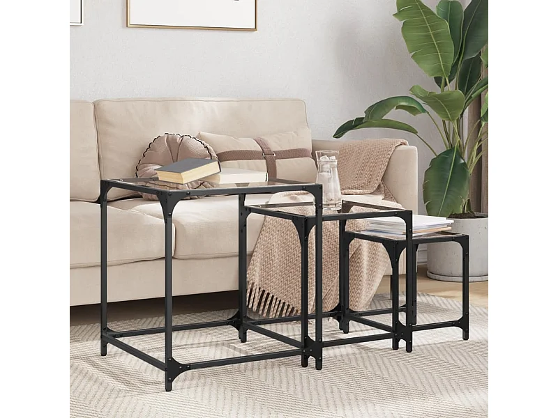 Tables basses gigognes 3 pièces dessus en verre transparent acier