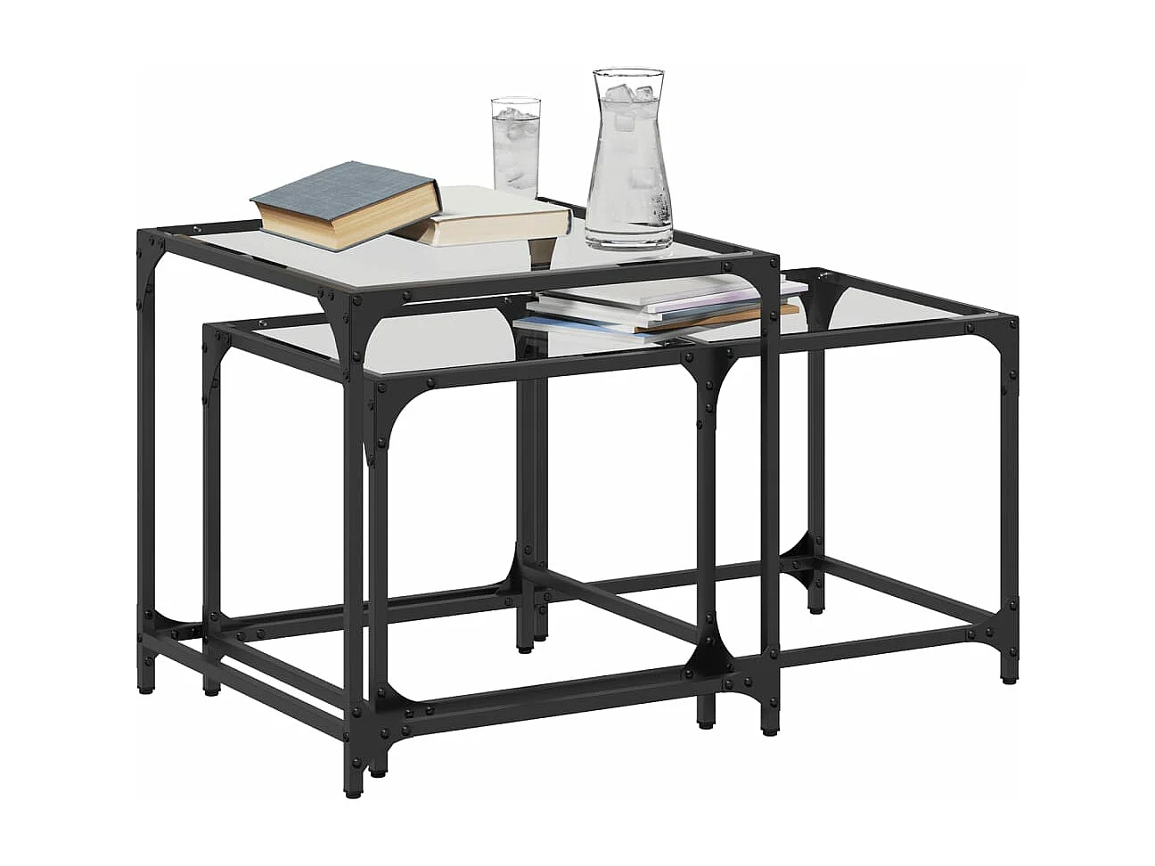 Tables basses gigognes 2 pièces dessus en verre transparent acier