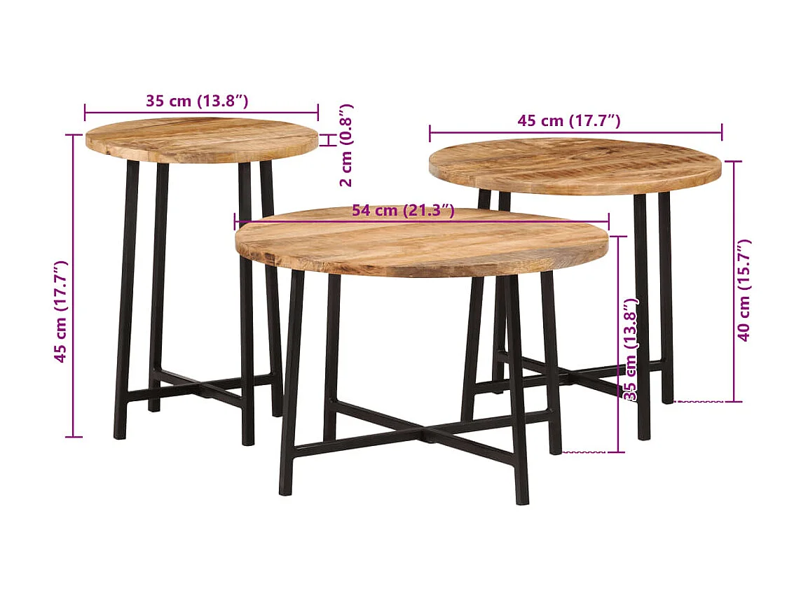 Tables basses gigognes 3 pièces bois massif de manguier et fer
