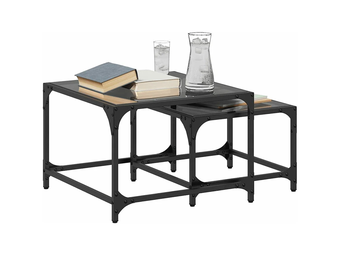Tables basses gigognes 2 pièces dessus en verre noir acier