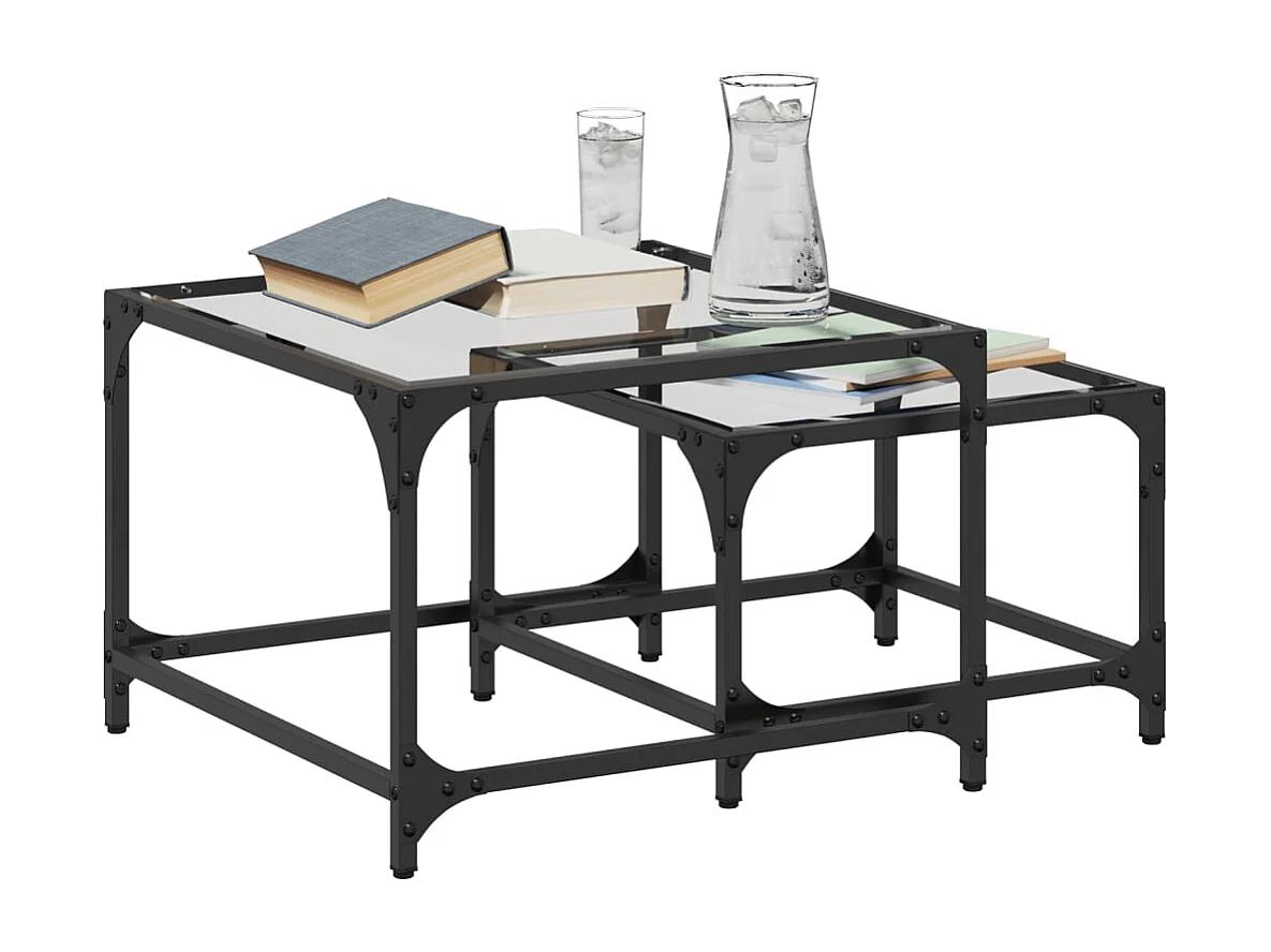 Tables basses gigognes 2 pièces dessus en verre transparent acier