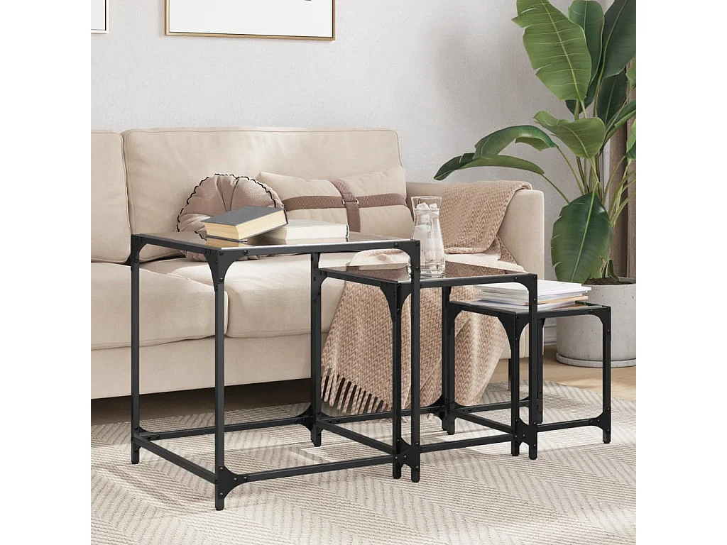 Tables basses gigognes 3 pièces dessus en verre noir acier