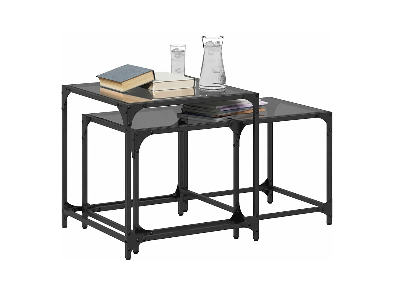 Tables basses gigognes 2 pièces dessus en verre noir acier