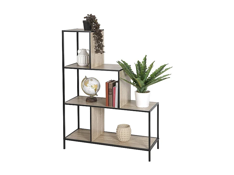 Regal in Treppenform mit 4 Ebenen, Kollektion HOLBORN – Industriestil, Farbe Eiche und Schwarz