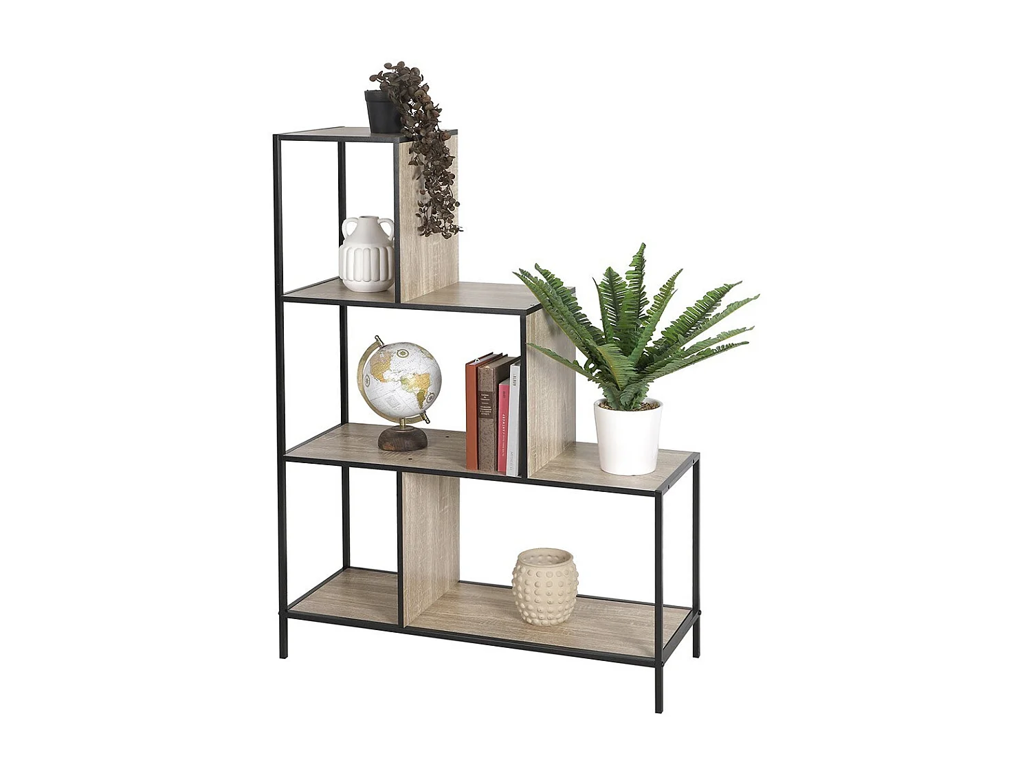 Étagère escalier sur 4 niveaux collection HOLBORN – Style industriel, coloris chêne et noir