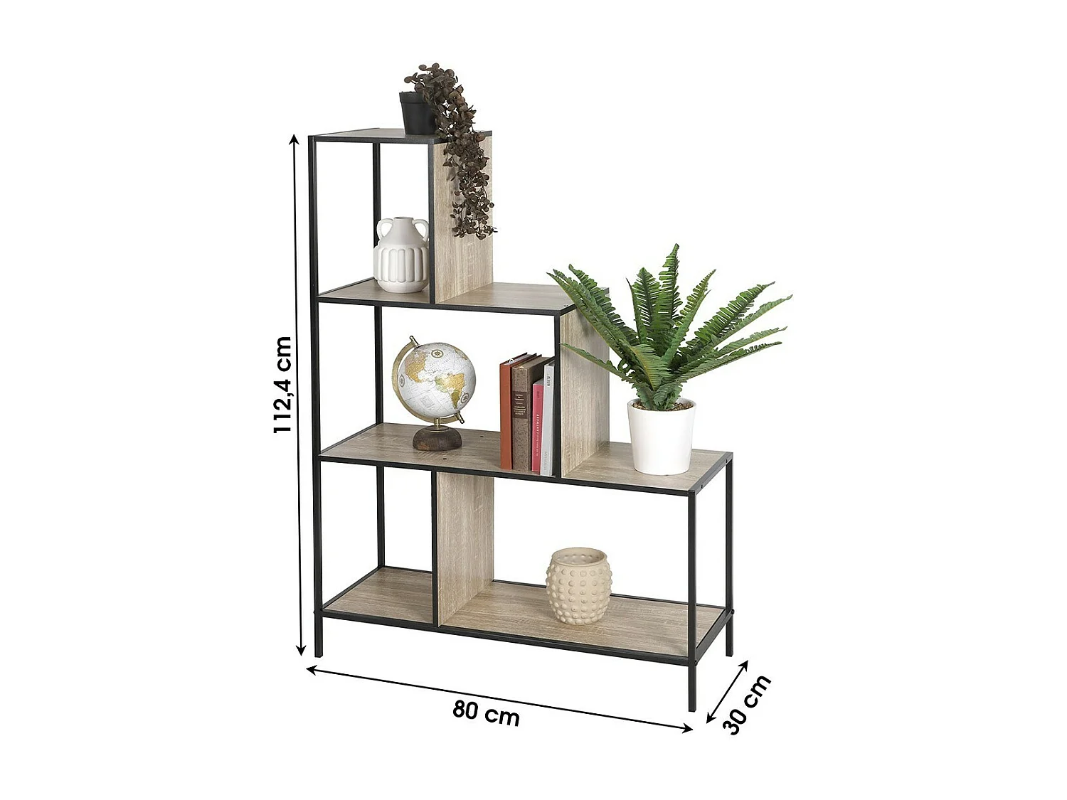 Étagère escalier sur 4 niveaux collection HOLBORN – Style industriel, coloris chêne et noir