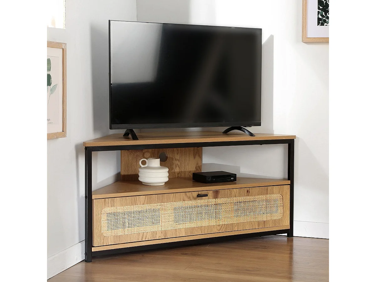 Meuble TV d'Angle 1 Porte avec Cannage Rotin L100 cm - JAYA