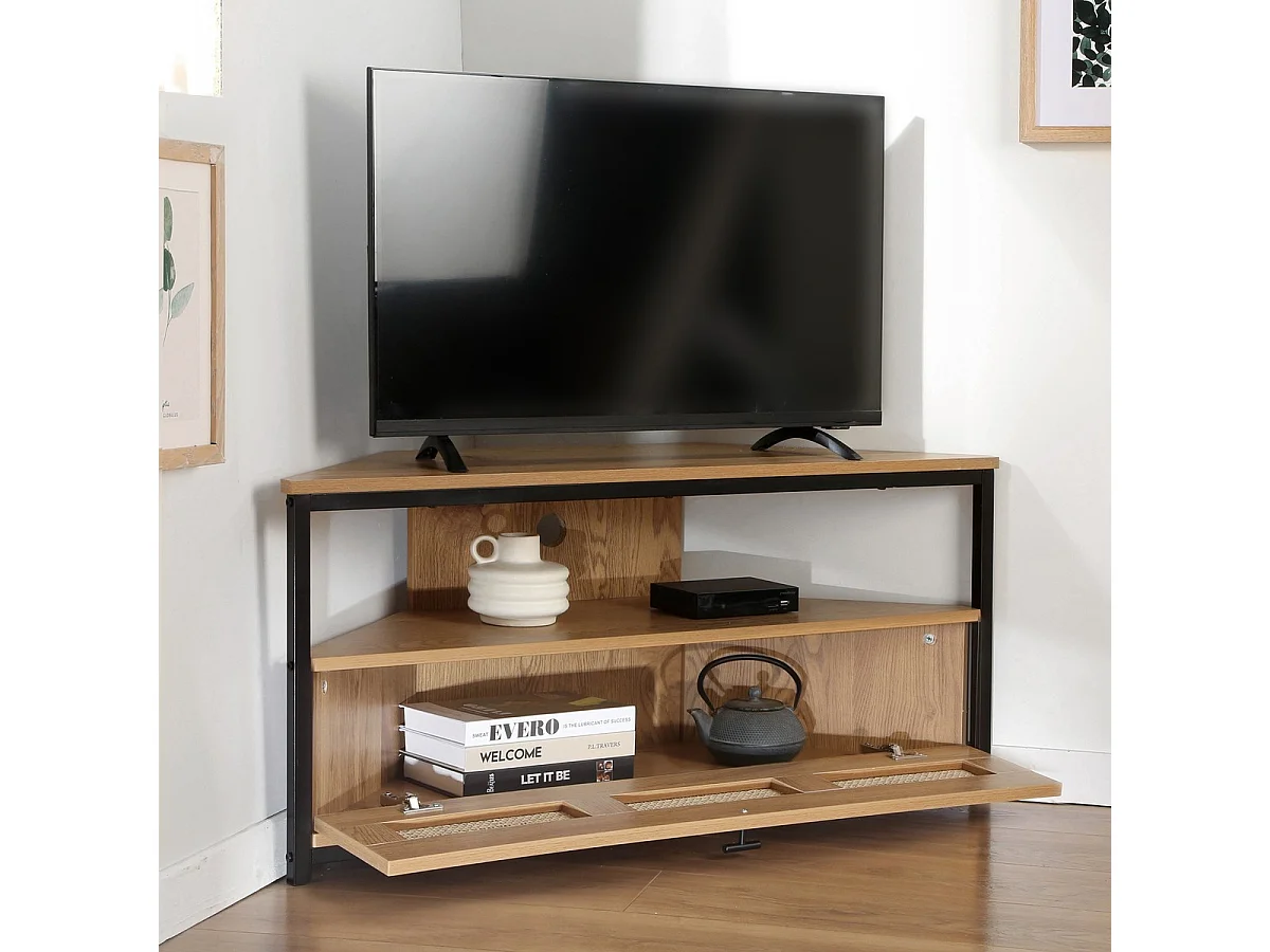 Meuble TV d'Angle 1 Porte avec Cannage Rotin L100 cm - JAYA