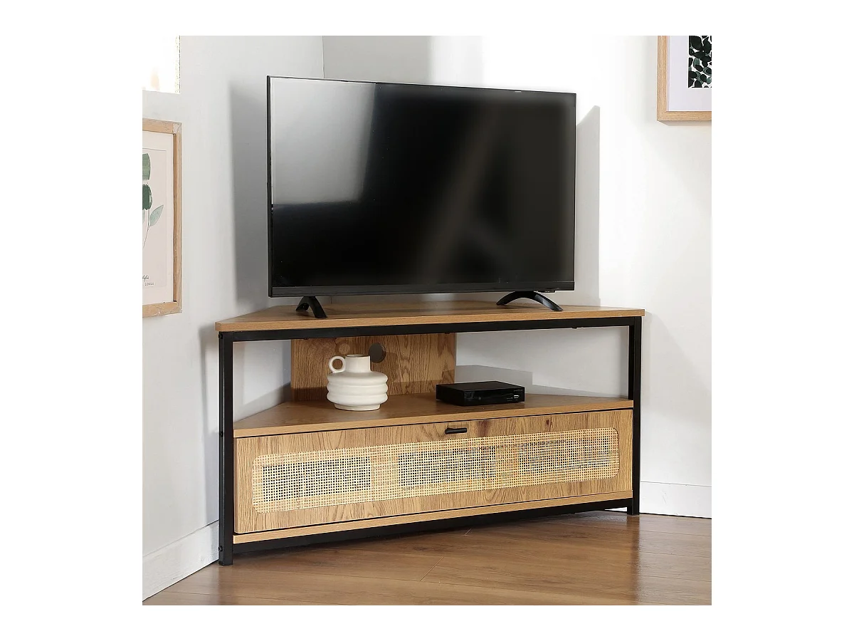 Meuble TV d'Angle 1 Porte avec Cannage Rotin L100 cm - JAYA