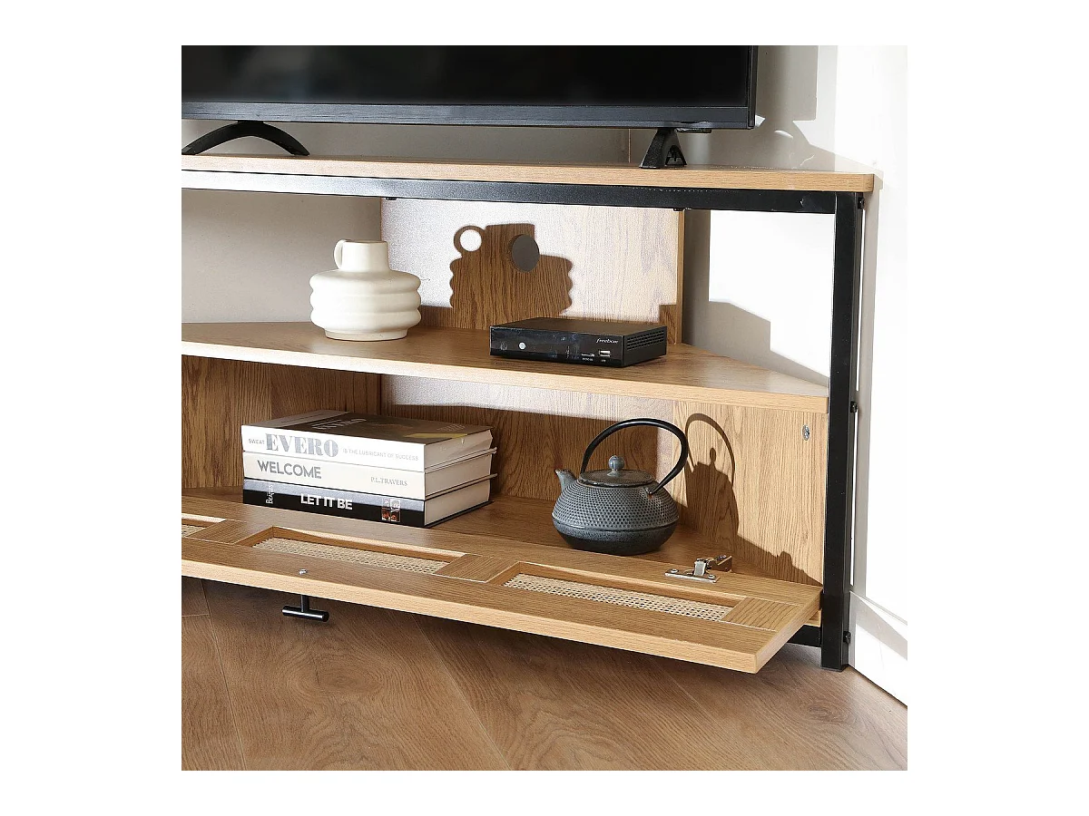 Meuble TV d'Angle 1 Porte avec Cannage Rotin L100 cm - JAYA