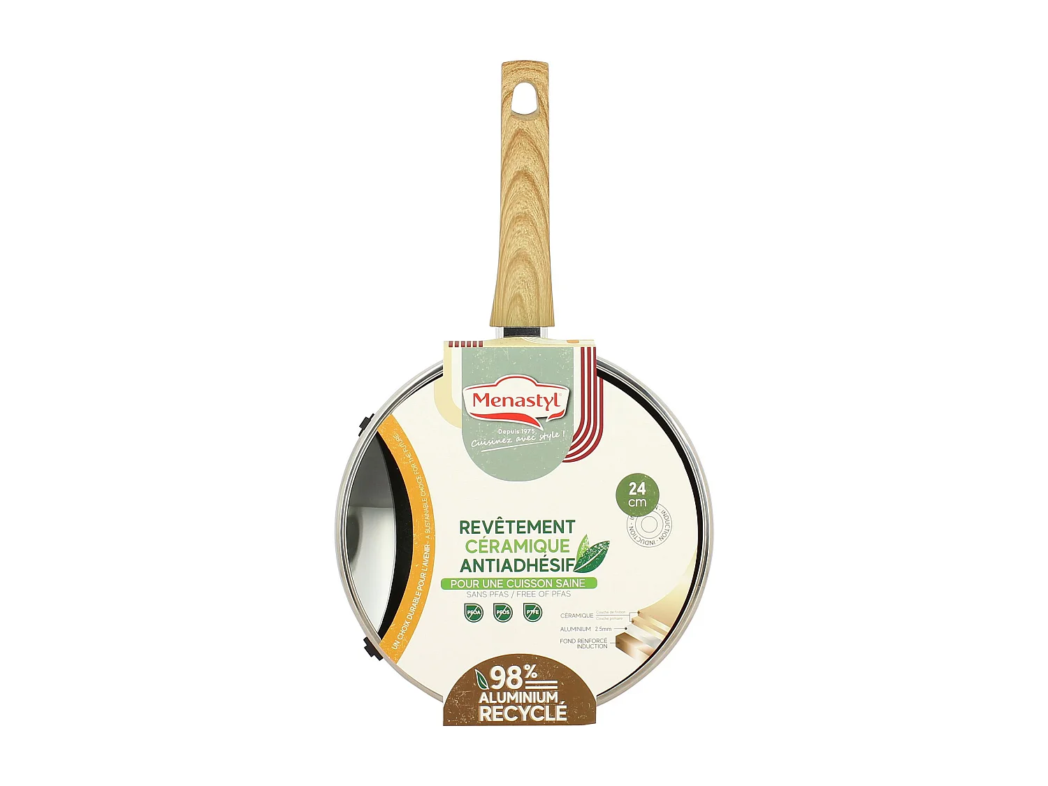 Menastyl - Sauteuse Colorama 24cm Aluminium Recycle Olive Avec Couvercle En Verre