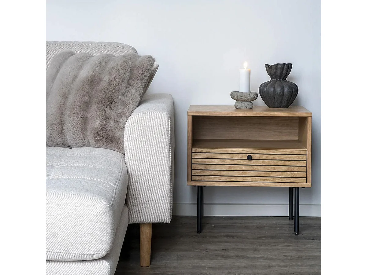 LOWAN - Chevet 1 Tiroir Effet Tasseaux Teinté Chêne Clair