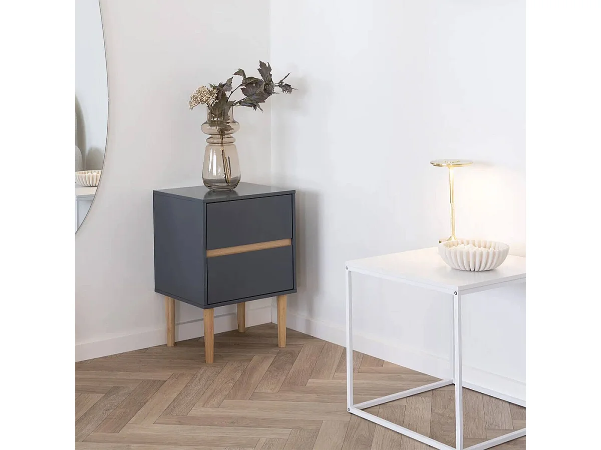 AVEL - Chevet 2 Tiroirs en MDF Gris Foncé et Bois Naturel