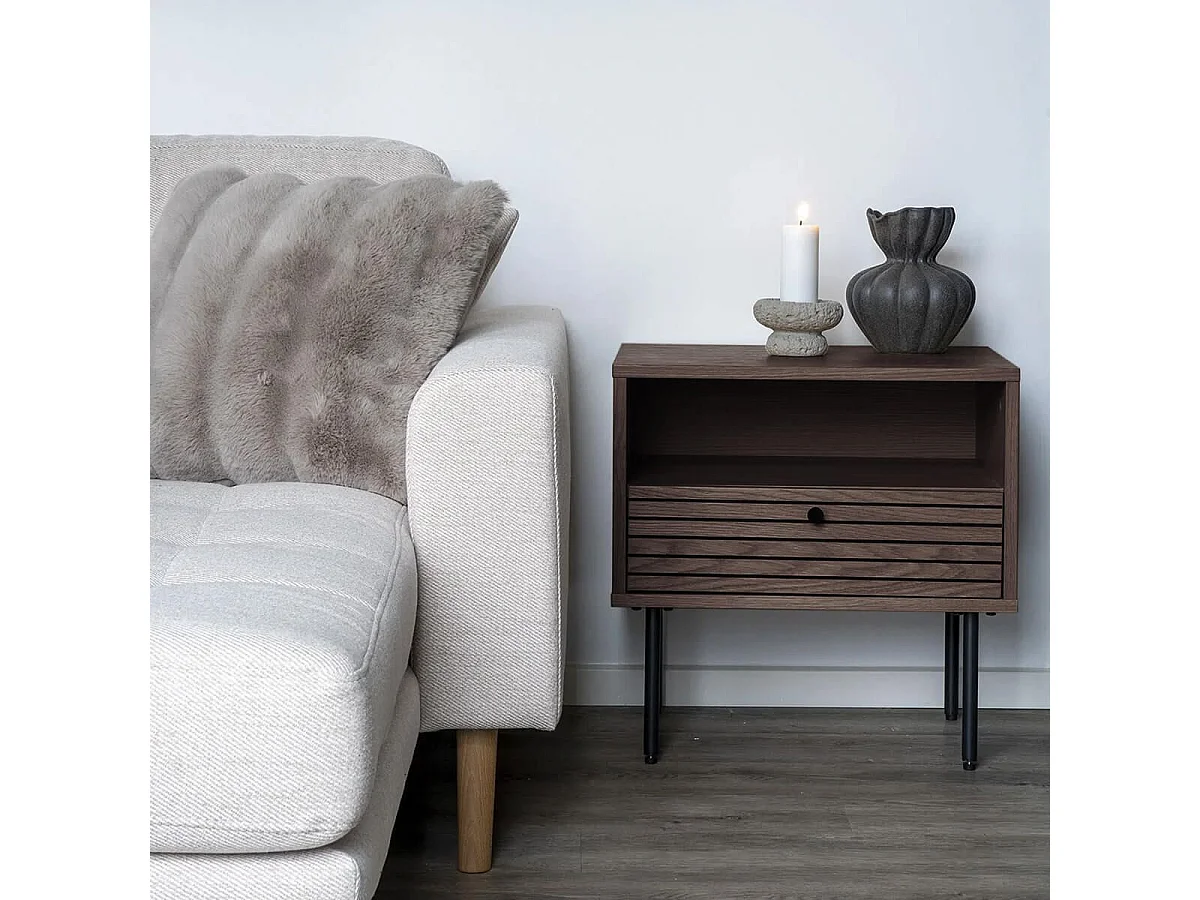 LOWAN - Chevet 1 Tiroir Effet Tasseaux Teinté Chêne Foncé
