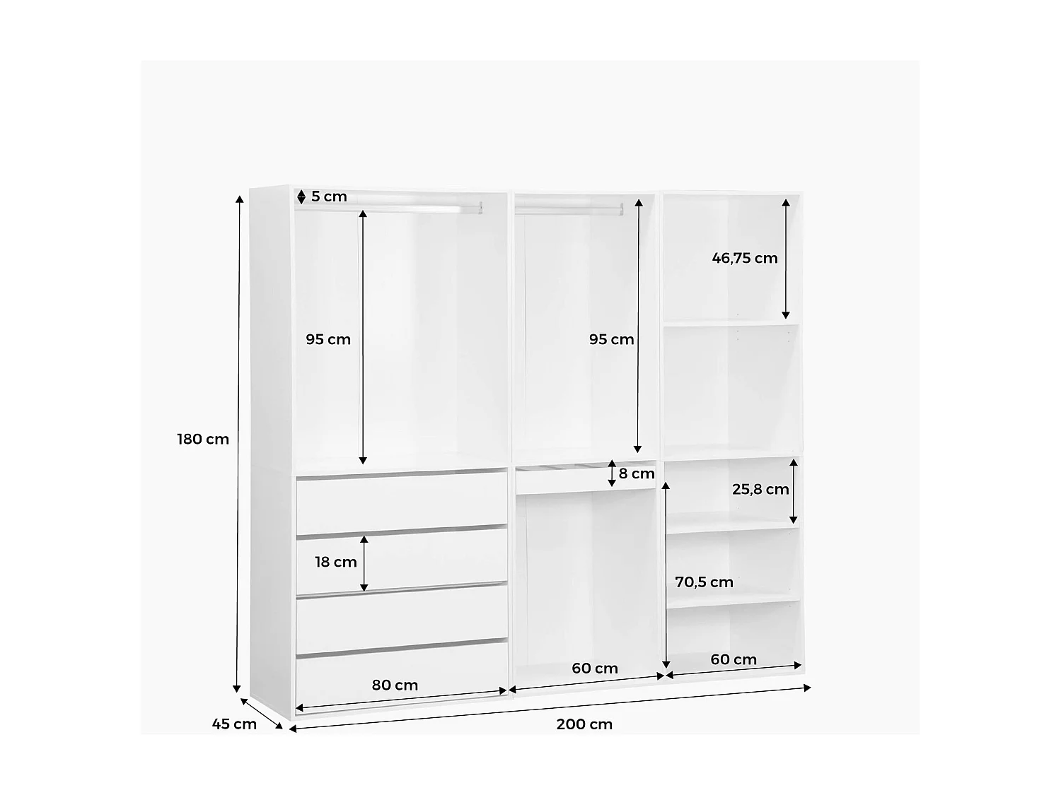 Kit dressing modulable avec 3 éléments. étagères. tiroirs. penderie. porte pantalons. coloris blanc 200 x 45 x 180 cm