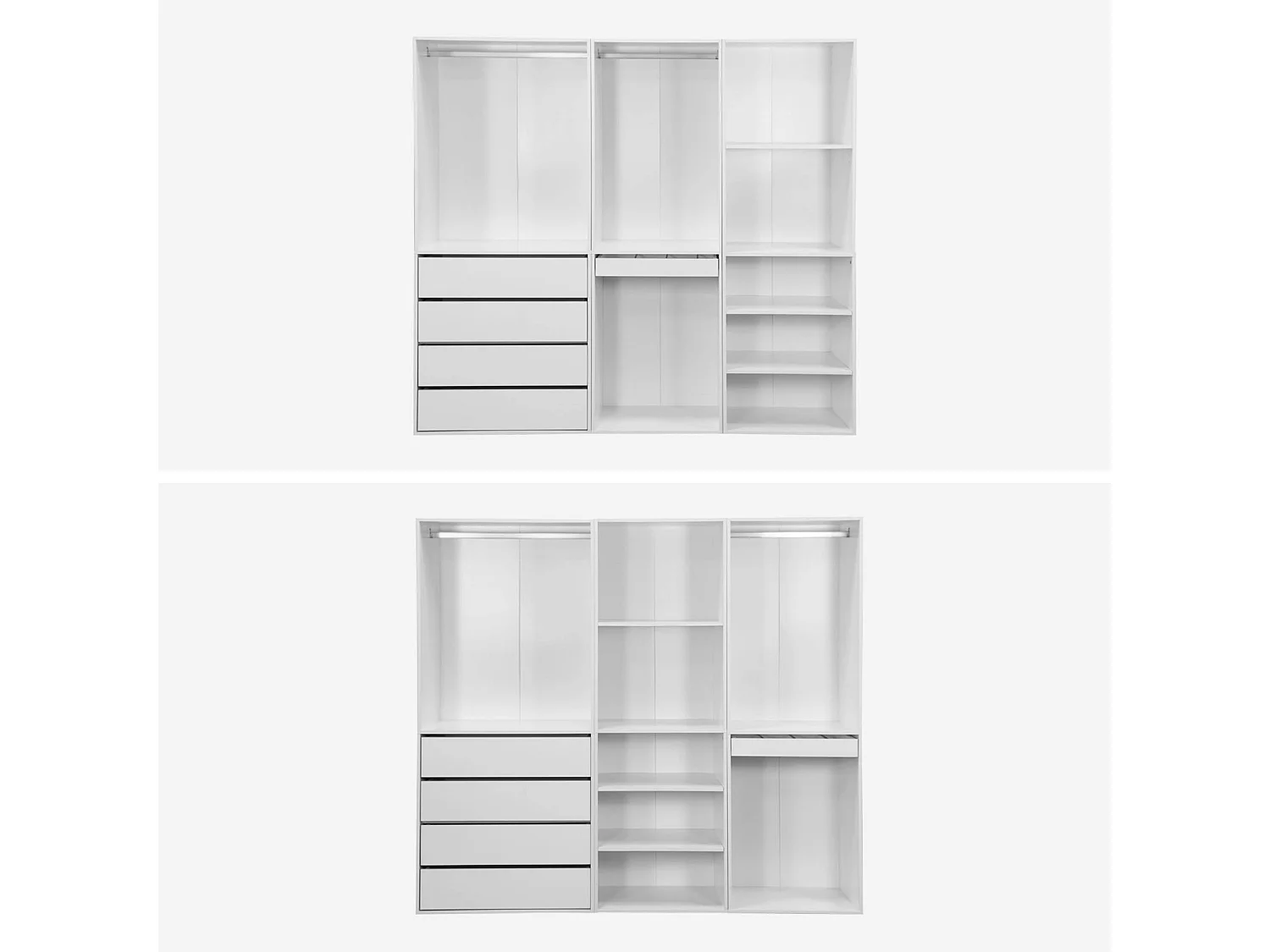 Kit dressing modulable avec 3 éléments. étagères. tiroirs. penderie. porte pantalons. coloris blanc 200 x 45 x 180 cm