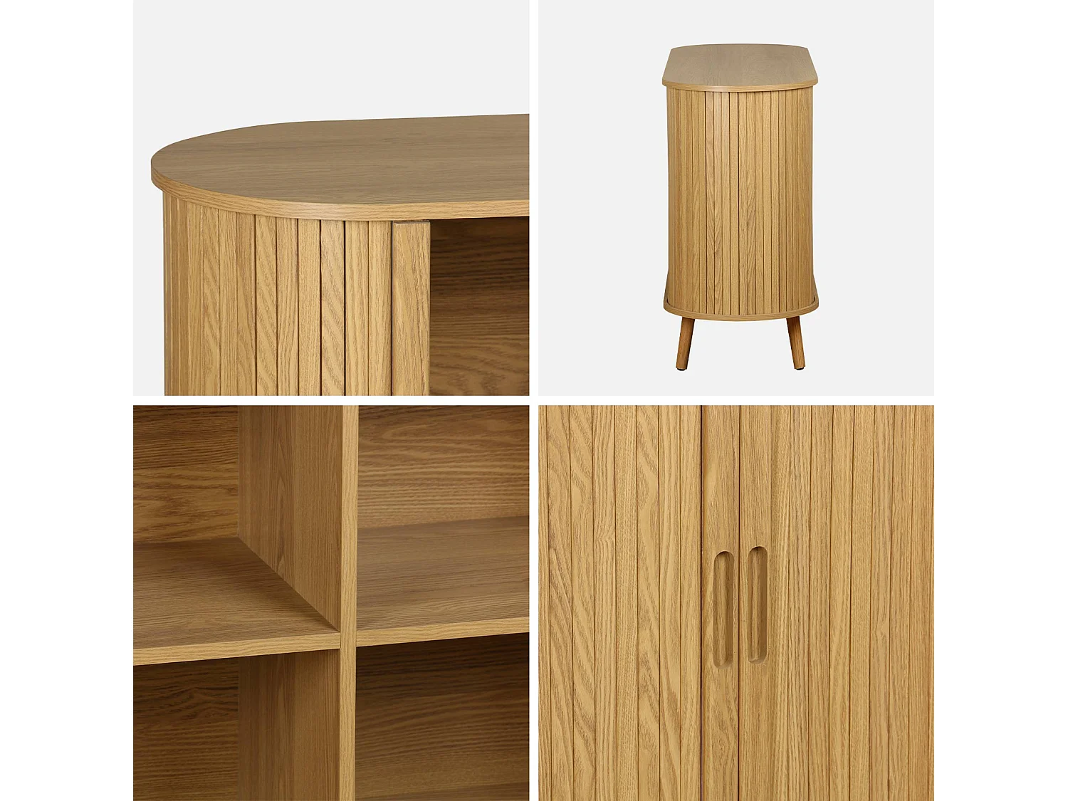 Buffet scandinave 2 portes coulissantes. 4 compartiments. décor bois rainuré. couleur naturelle. buffet bas. L 120 x P 40 x H 75cm