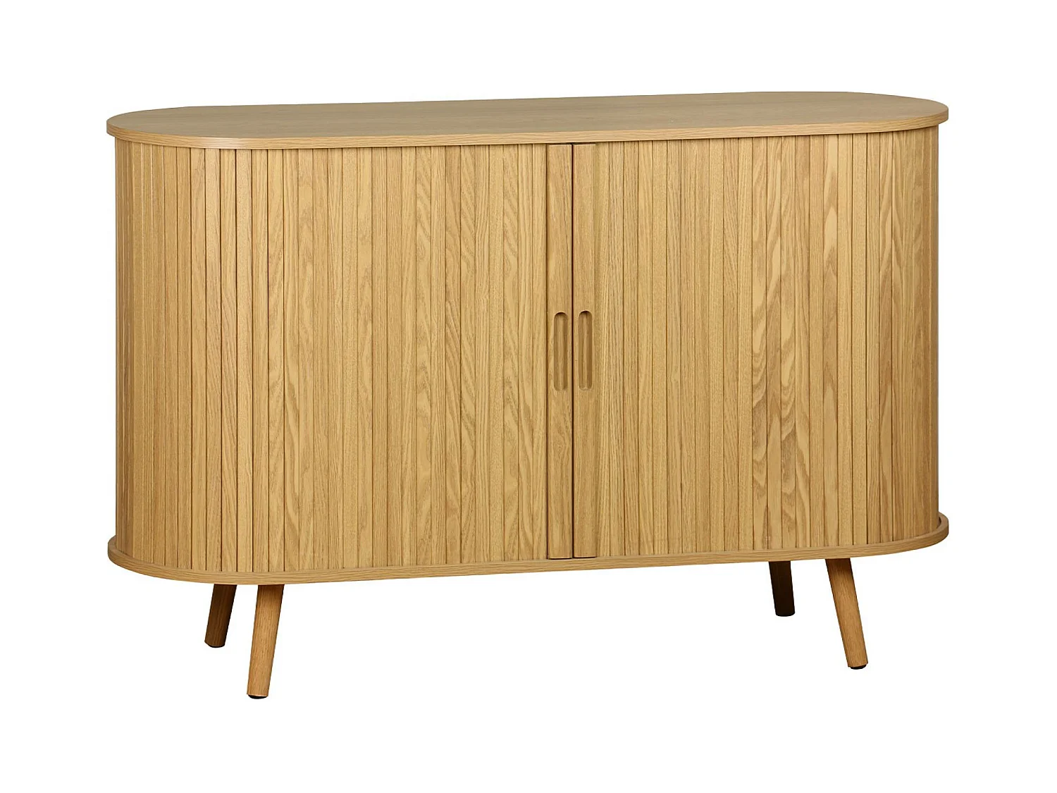 Buffet scandinave 2 portes coulissantes. 4 compartiments. effet bois rainuré. couleur naturelle. buffet bas. L 120 x P 40 x H 75cm