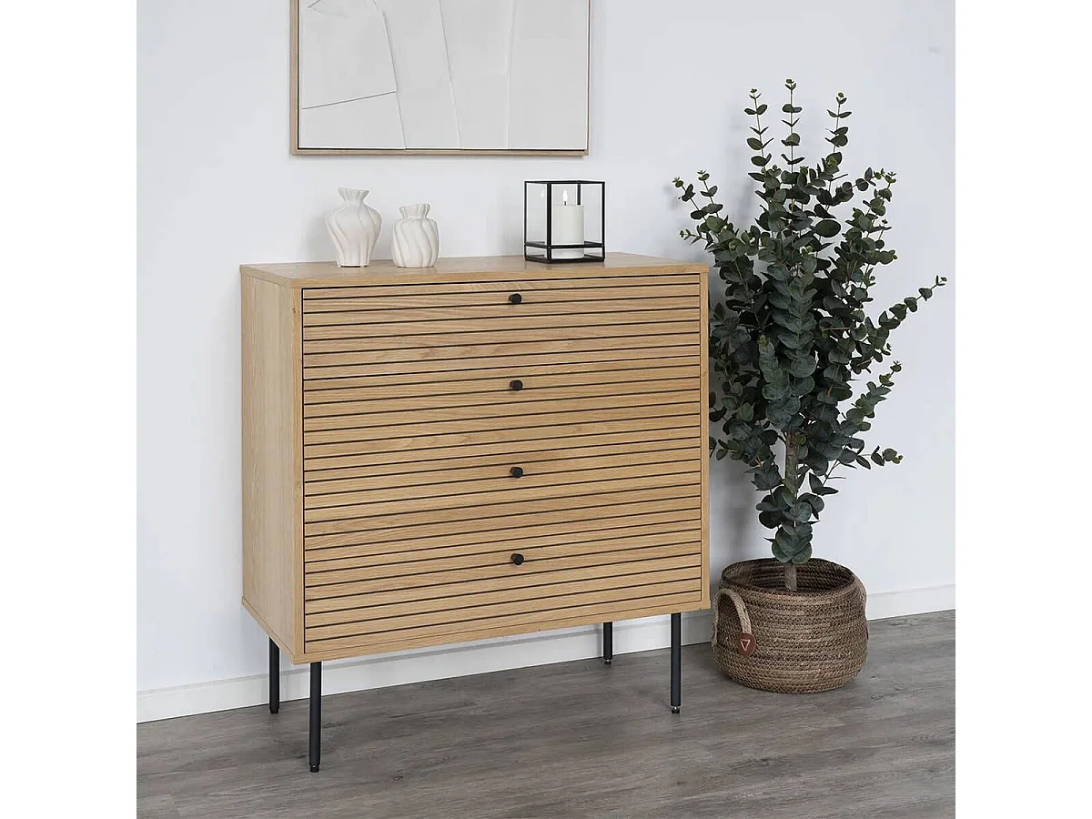 LOWAN - Commode 4 Tiroirs Effet Tasseaux Teinté Chêne Clair