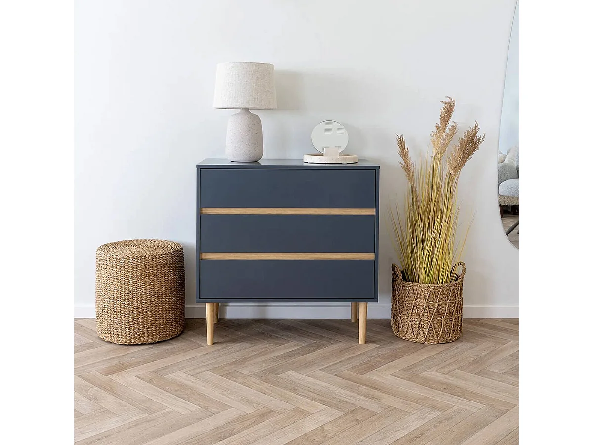 AVEL - Commode 3 Tiroirs en MDF Gris Foncé et Bois Naturel