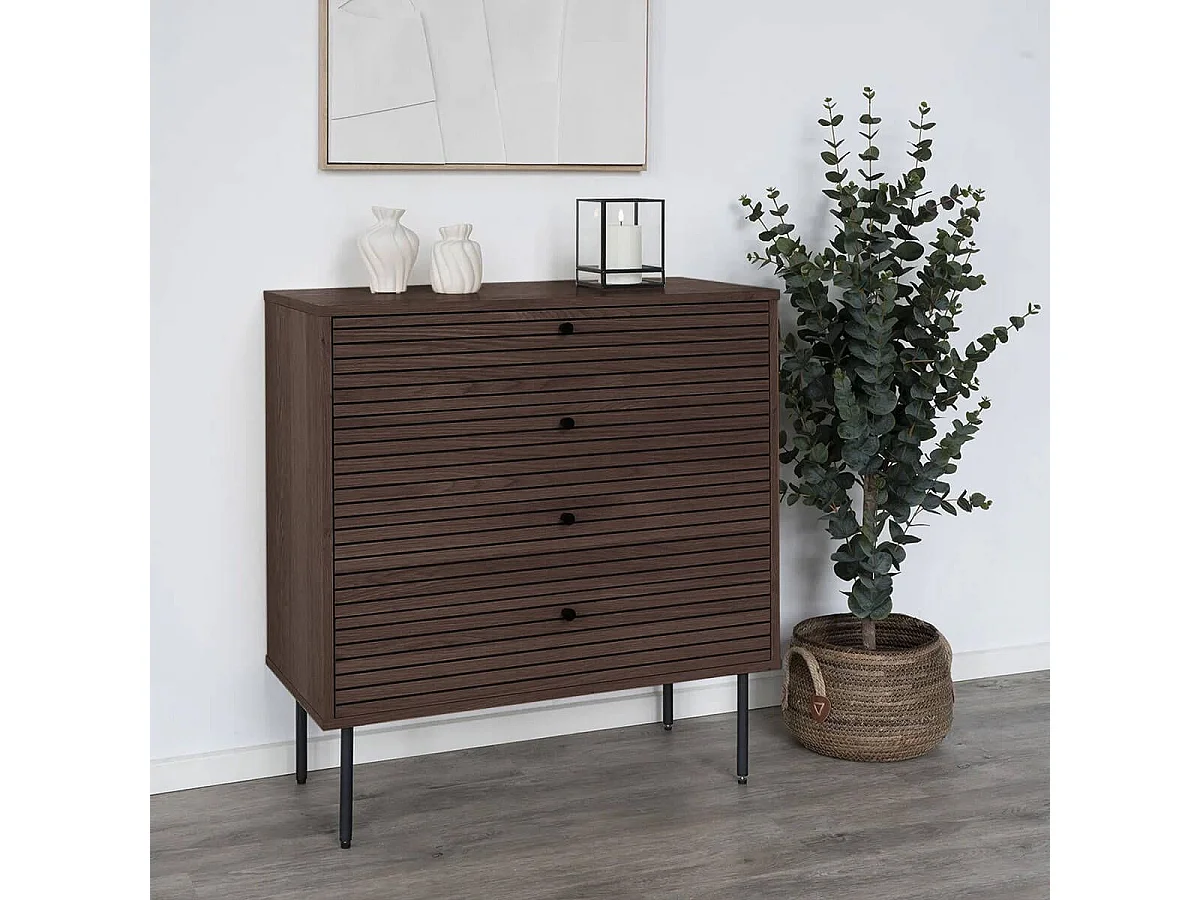 LOWAN - Commode 4 Tiroirs Effet Tasseaux Teinté Chêne Foncé