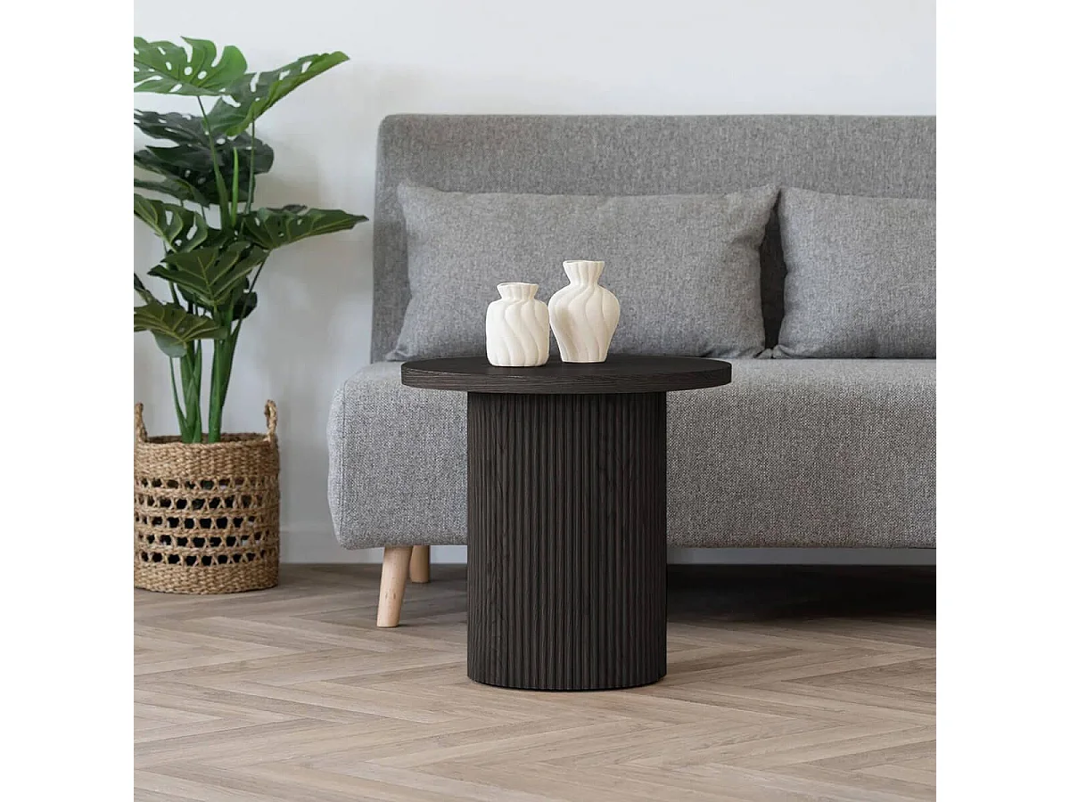 ANKARA - Table d'appoint Ronde Pied Central Relief MDF Effet bois foncé