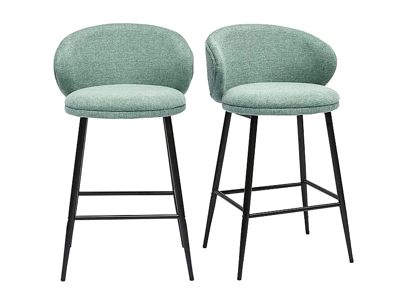 Tabourets de bar design en tissu effet velours texturé vert céladon et métal noir (lot de 2) ROSALIE