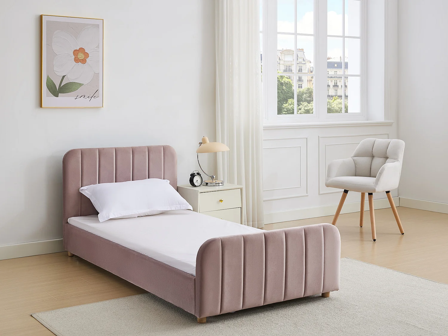 Letto 90 x 190 cm Velluto con cuciture verticali Rosa + Materasso - ROGADI