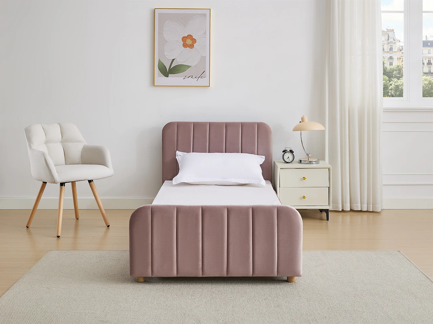 Bed 90 x 190 cm - Velours met verticale stiksels - Roze + matras - ROGADI