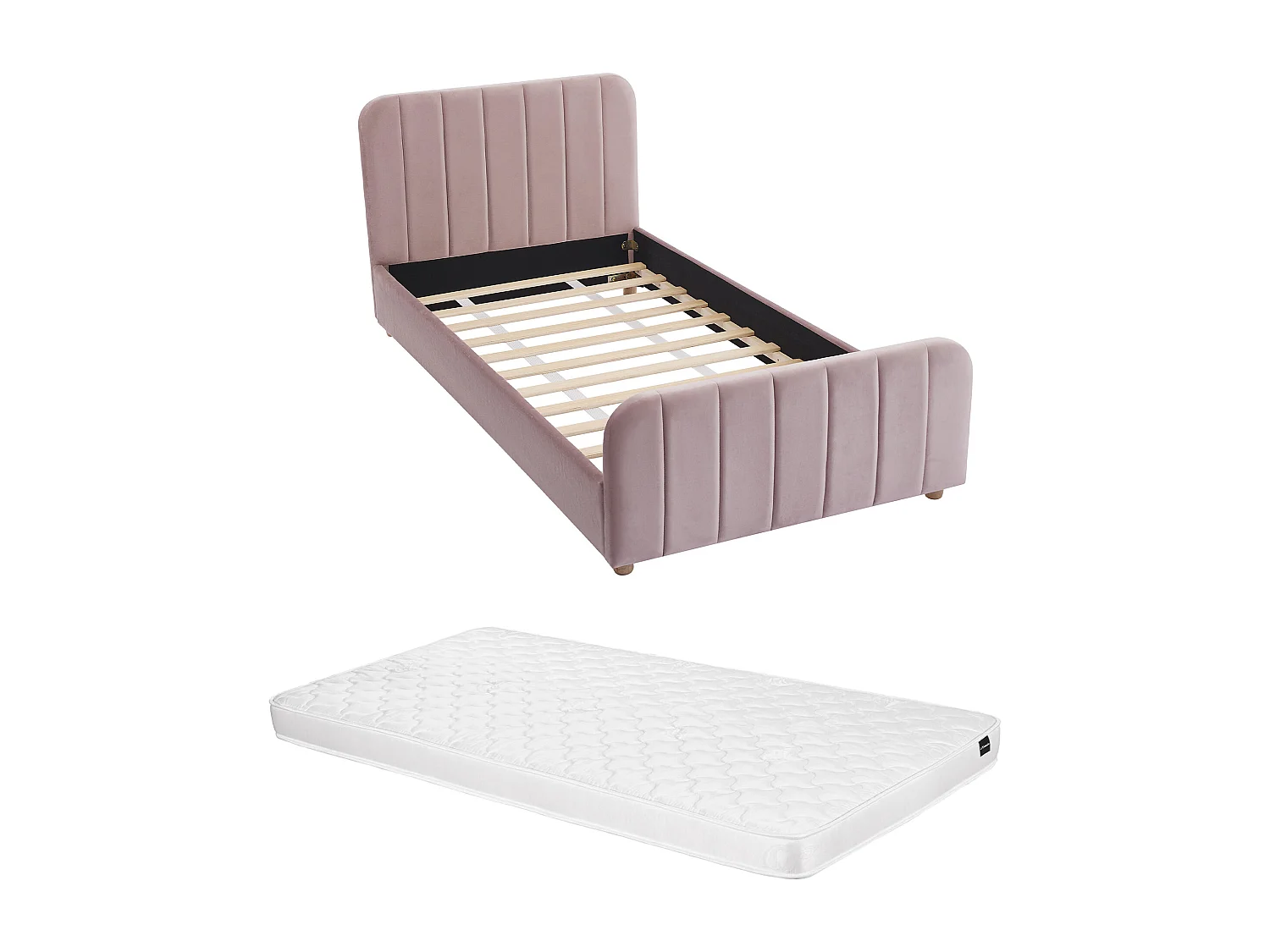 Cama 90 x 190 cm - Terciopelo con costuras - Rosa + Colchón - ROGADI