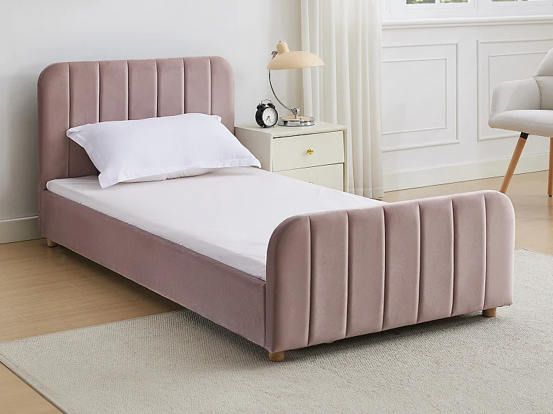 Seng 90 x 190 cm - Fløyel med vertikale sømmer - Rosa + Madrass - ROGADI