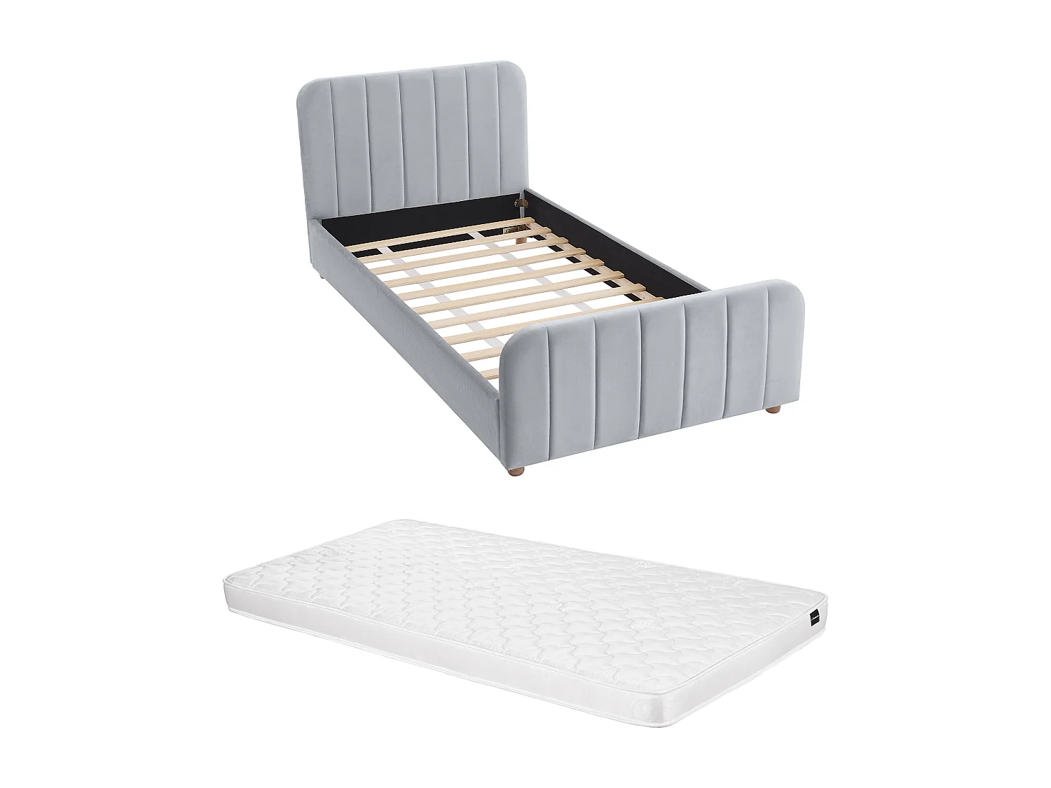 Letto 90 x 190 cm Velluto con cuciture verticali Grigio + Materasso - ROGADI