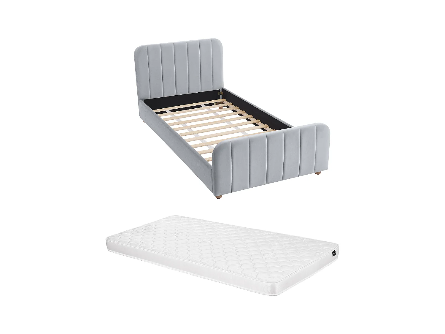 Bed 90 x 190 cm - Velours met verticale stiksels - Grijs + matras - ROGADI