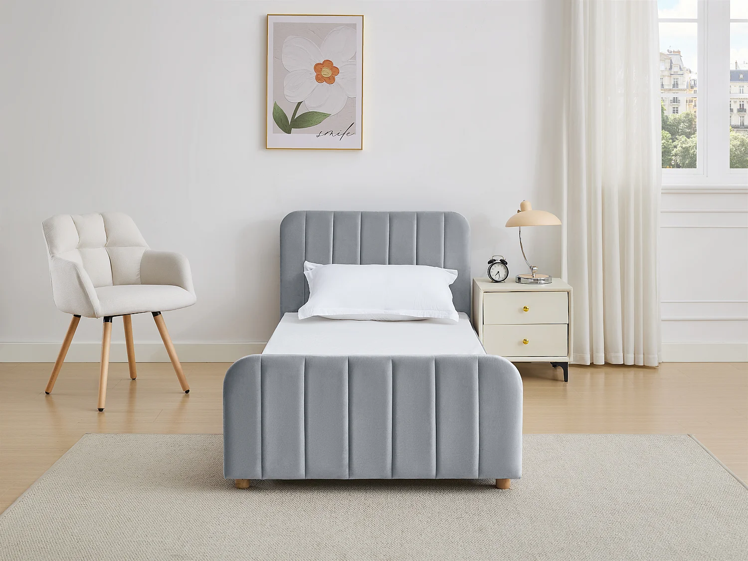 Bett mit vertikalen Ziernähten + Matratze - 90 x 190 cm - Samt - Grau - ROGADI