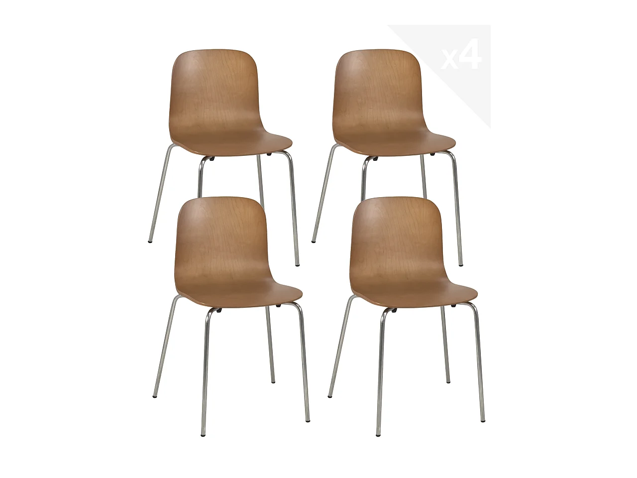 Lot 4 chaises de cuisine design retro siège bois pieds chrome RIO (bois foncé)