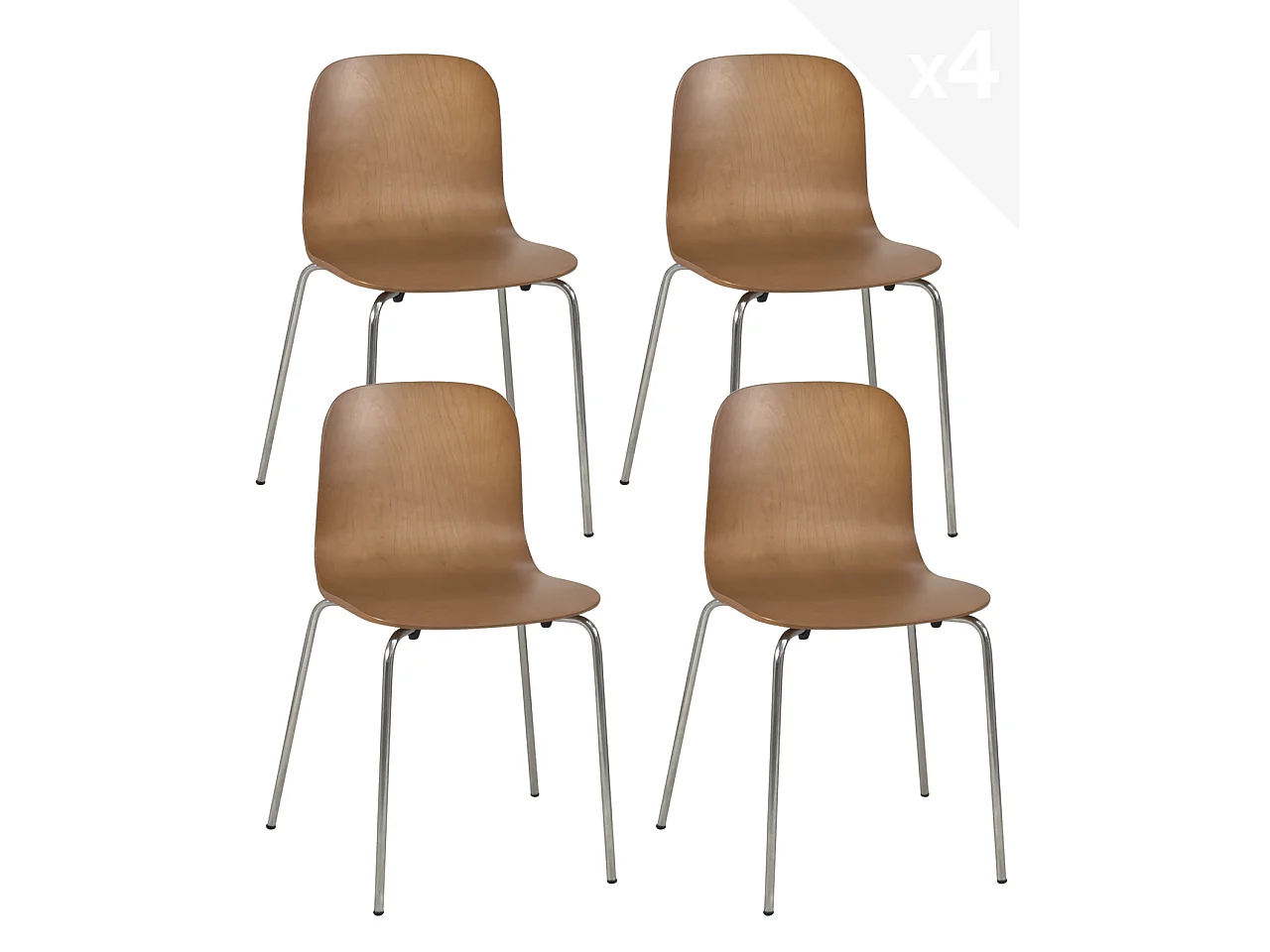 Lote de 4 sillas de cocina de diseño retro asiento de madera patas cromadas RIO (madera oscura)