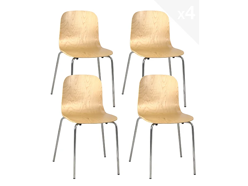 Lot 4 chaises de cuisine design retro siège bois pieds chrome RIO (bois clair)