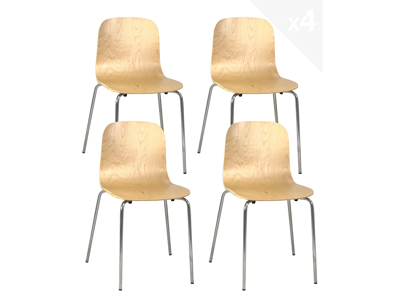Lot 4 chaises de cuisine design retro siège bois pieds chrome RIO (bois clair)
