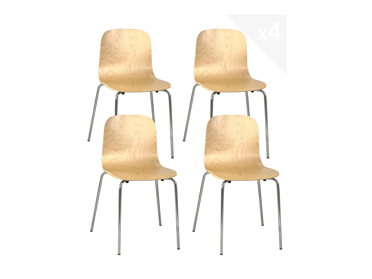 Lot 4 chaises de cuisine design retro siège bois pieds chrome RIO (bois clair)