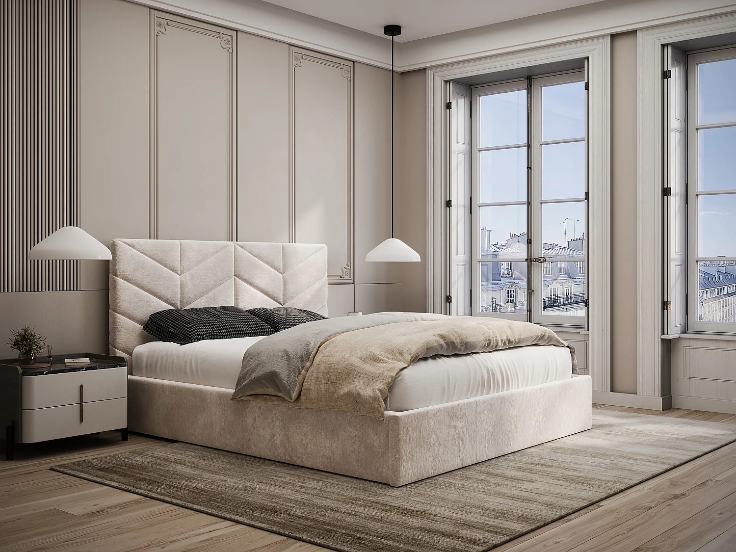 Bed met opbergruimte 140 x 190 cm - Stof met textuur - Crèmewit + matras - JUSTANI