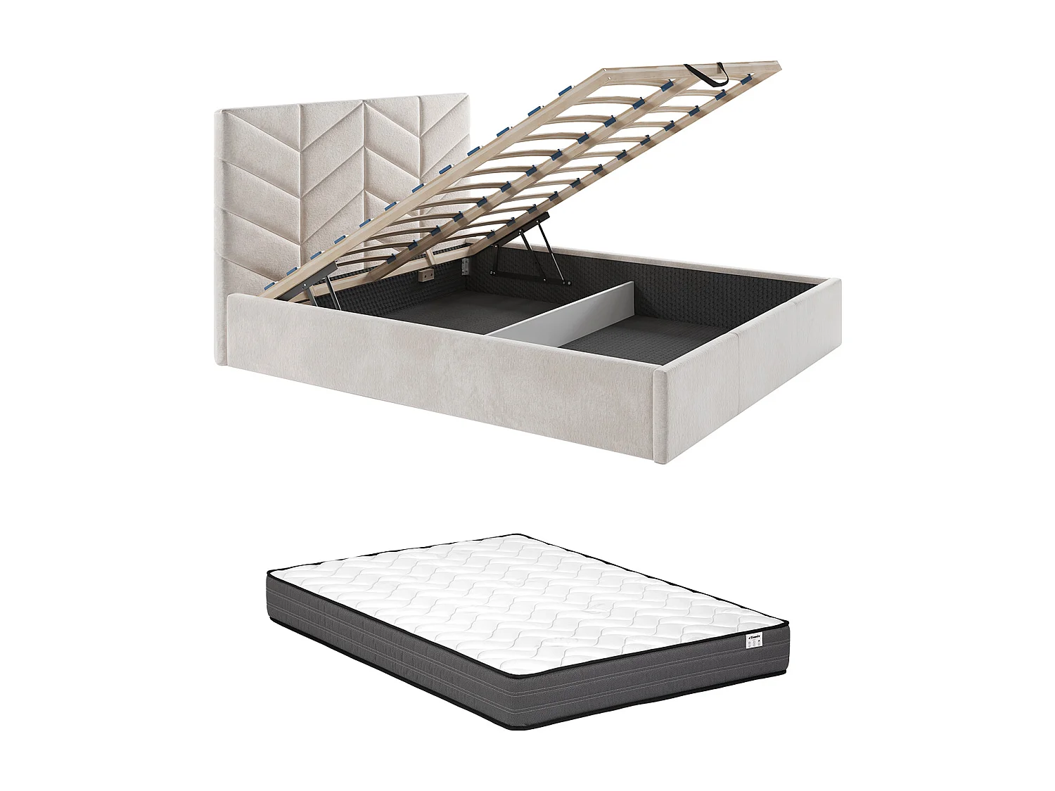 Lit coffre 140 x 190 cm - Tissu texturé - Crème + Matelas - JUSTANI