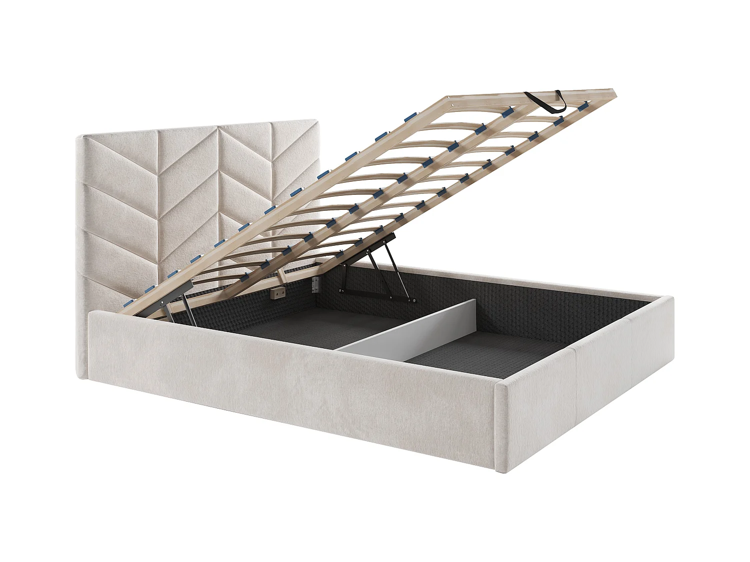 Lit coffre 160 x 200 cm - Tissu texturé - Crème + Matelas - JUSTANI