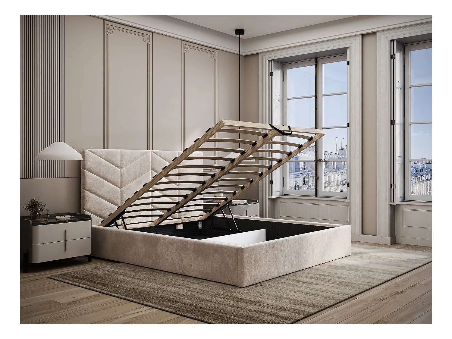 Bett mit Bettkasten + Matratze - 180 x 200 cm - Strukturstoff - Cremefarben - JUSTANI