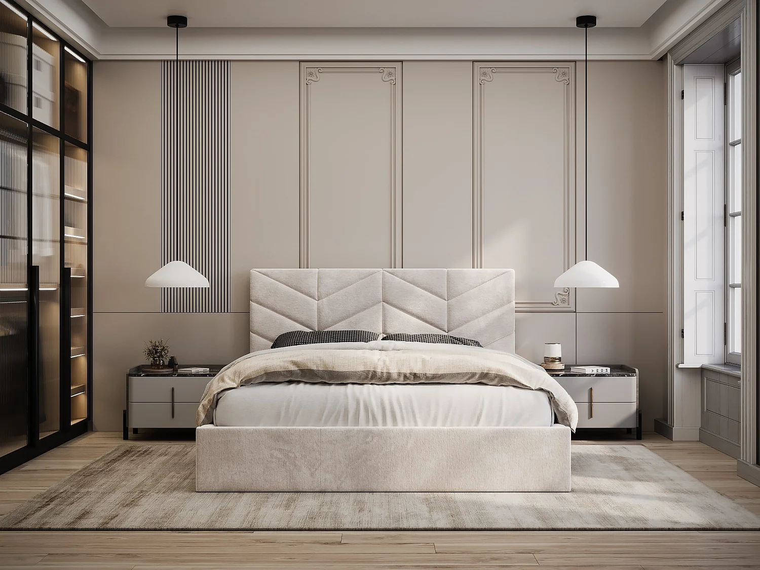 Bett mit Bettkasten + Matratze - 180 x 200 cm - Strukturstoff - Cremefarben - JUSTANI