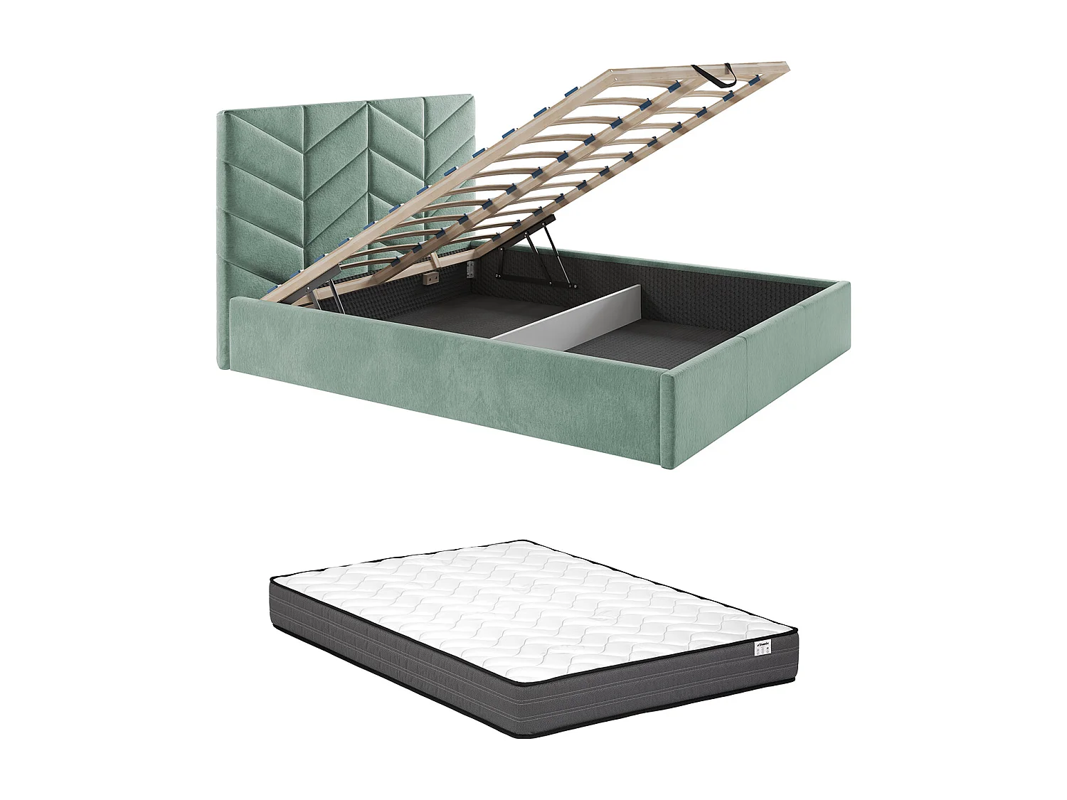 Lit coffre 140 x 190 cm - Tissu texturé - Vert amande + Matelas - JUSTANI